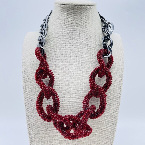 TALBOTS Red Beaded Chunky Chain Necklace Gunmetal Statement Classic Career LARP - Picture 1 of 8